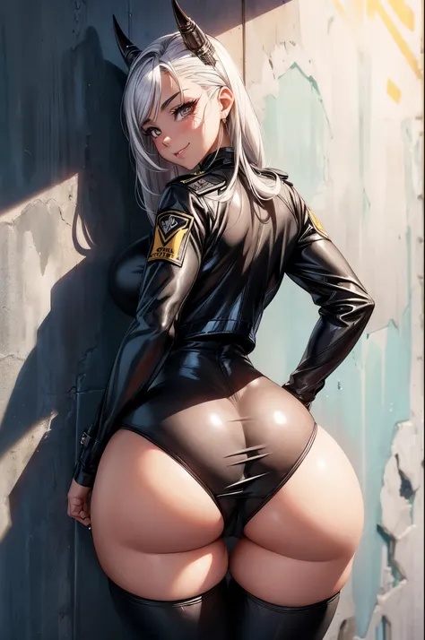 POV: (((huge ass))) Riley Reid in sexy cop suit, slim body, slim thick, curvy silhouette, smiling, 12K HDR, beautiful face, ultra-detailed, masterpiece, ((horny against the wall pose)), white hair
