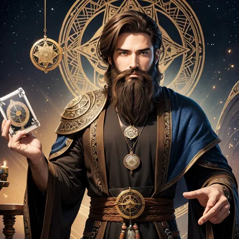 draw a man in his 30s, with a beard and brown hair, with a mischievous look, holding a tarot deck, with the wheel of destiny behind him