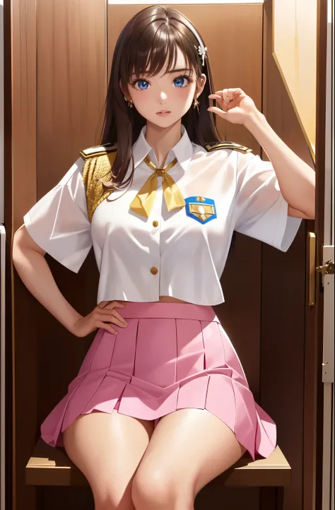 1 girl, sayla mass, it&#39;s elegant, muste piece, complicated, army pink uniform dress with a super miniskirt so short you can ...