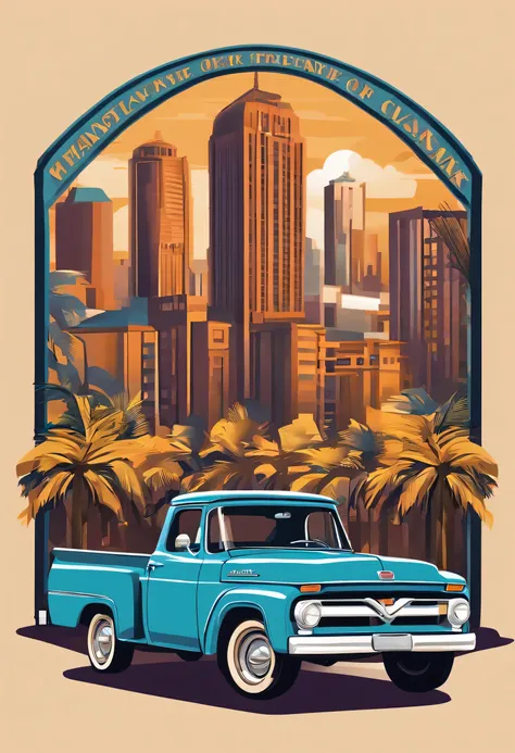 artwork of t-shirt graphic design, flat design , one Ford F-150 1953 , miami street , colorful shades, highly detailed clean, vector image, photorealistic masterpiece, professional photography, realistic car, isometric, vibrant vector, solid flat black bac...