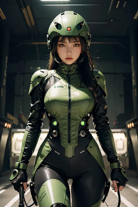 Highest image quality, Excellent details, ultra high resolution, (Reality: 1.4), best illustrations, Offer details, Highly concentrated 1girl, Has a delicate and beautiful face, Dressed in black and green mechs, wearing a mech helmet, holding direction, ri...