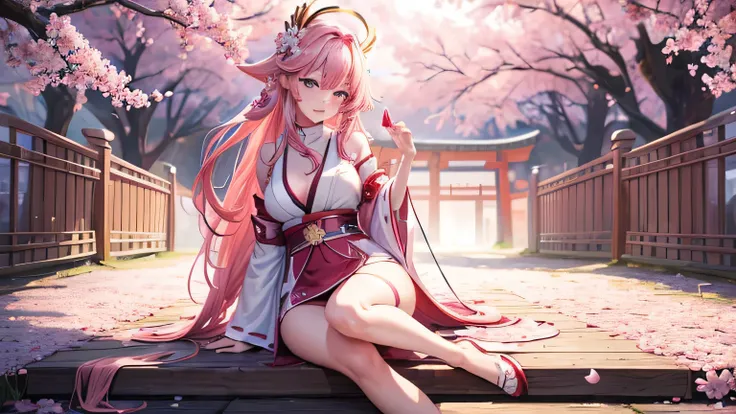 (best quality,4k,8k,highres,masterpiece:1.2), expressive eyes, perfect face, singing, toji gate, sakura blossom, looking at viewer, side breast, evening, long pink hair, yae miko, full body, miko costume, purple eyes, anime, vibrant colors, soft lighting