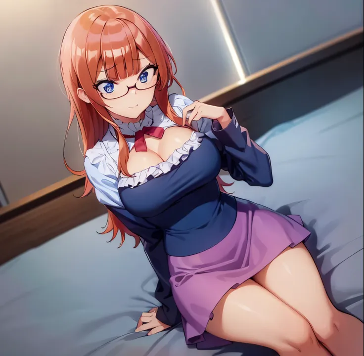 ((masterpiece)), ((Best quality)), (Ultra detailed), in bed, light blue blouse, long sleeve, neckline, pink skirt, long skirt, heels, ((pretty eyes)), big breasts, 1 girl in the library, alone, good lighting, Embarrassed, seductive, Rizu ogata, blue eyes, ...