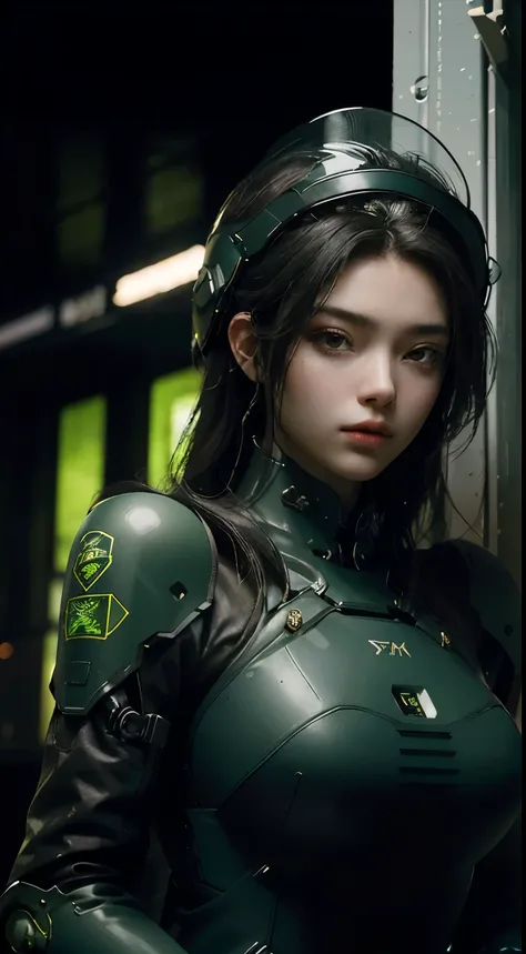 Highest image quality, Excellent details, ultra high resolution, (Reality: 1.4), best illustrations, Offer details, Highly concentrated 1girl, Has a delicate and beautiful face, Dressed in black and green mechs, wearing a mech helmet, holding direction, ri...