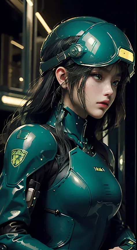 Highest image quality, Excellent details, ultra high resolution, (Reality: 1.4), best illustrations, Offer details, Highly concentrated 1girl, Has a delicate and beautiful face, Dressed in black and green mechs, wearing a mech helmet, holding direction, ri...