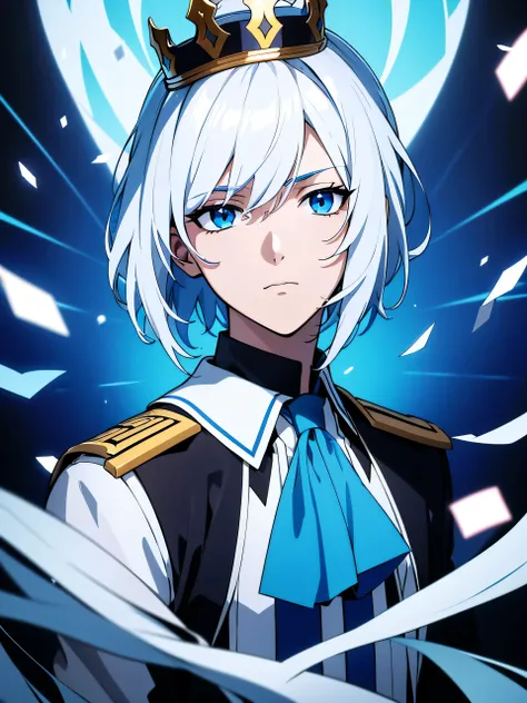 Handsome young boy wearing blue high school uniform, poker face , medium hair ,wearing a destroyed crown on her head , white hair , blue hair , 8k , ultrasharp , masterpiece , looking at viewer , black background with some special efects, show half body up...