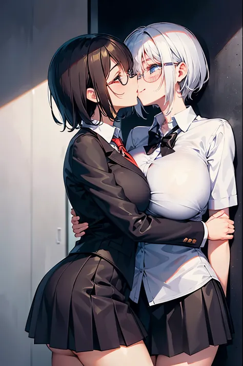 2girls, (hug, kiss:1.2), glasses, smile, (slim body:1.2), (huge breasts:1.1), (slender legs:1.1), short hair, black hair, school uniform,