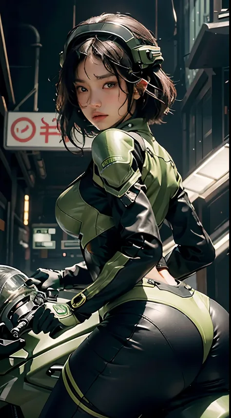 Highest image quality，Excellent details，ultra high resolution，（Fidelity：1.4），best illustrations，Attention to detail，Highly cohesive 1Girl，He has a delicate and beautiful face，Wearing black and green mecha，wearing a mech helmet，Hold the direction，riding a m...