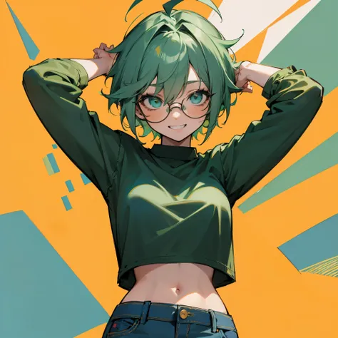 Masterpiece, best quality, 1girl, solo, 23 years old, adult, teal and green hair, messy hair, asymmetrical hair, ahoge, very short hair, aqua eyes, medium breasts,  toned, 167cm, pale skin, glasses, grin, olive green shirt, jeans, midriff peek,