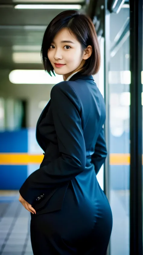 Best-quality, Masterpiece, Ultra-High-Resolution, (Photorealistic:1.4), Raw-Photo, 1girl, 18-years-old, the most famous Japanese actress, wearing business-suit, cowboy-shot, standing in train, (((upturned ass wearing business-suit, extremely beautiful hip ...