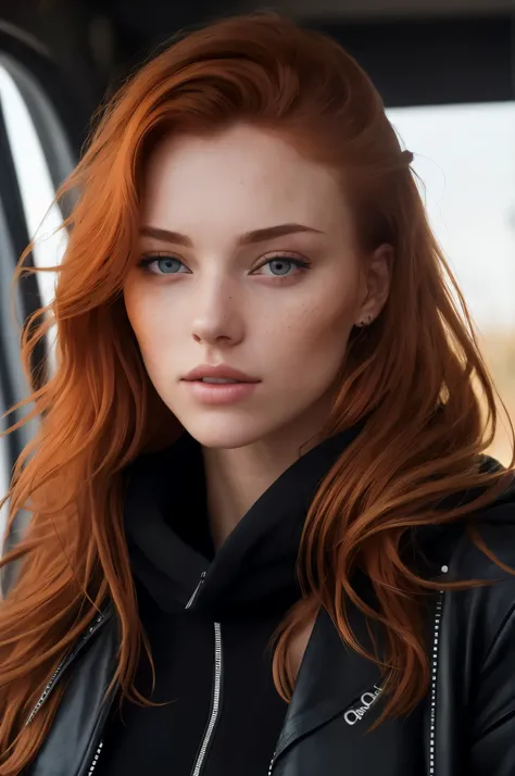 a photo of a seductive woman with loose styled (redhead hair:1.1), bored, she  wearing a hoodie and black leather jacket and leggings, mascara, (textured skin, skin pores:1.1), (moles:0.8), imperfect skin, goosebumps, flawless face, (light freckles:0.9), (...