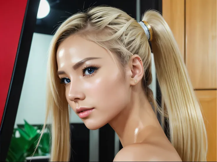 Color photos, medium shot, black skirt, prospect, ((Real photos of 30-year-old blond Chinese)), (cyber space_girly_V3:0.99), certainly, ((shiny skin)), looking at the audience, (plastic body: 1.0), high ponytail, Detailed description , masterpiece, high qu...