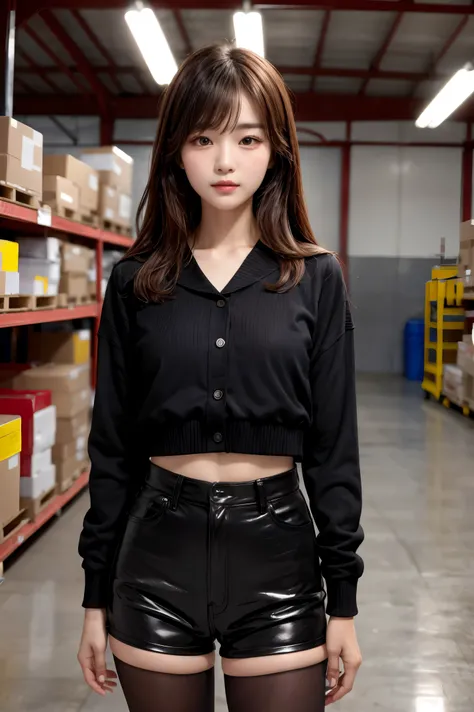 top quality, (korean glamorous young girl), (in the warehouse), very detailed face and skin texture, detailed eyes, hd, hdr, masterpiece, (standing apart:1.6)