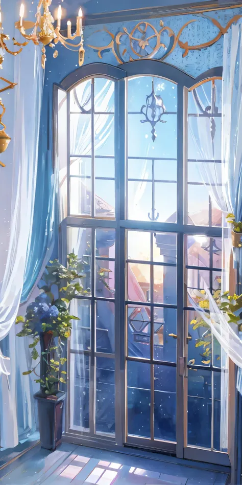 There  a window with a glass door，There  a plant inside, Open window ib background, anime background art, interior background art, Fairy tale style background, background art, anime background, Anime beautiful peaceful scene, beautiful anime scenes, person...