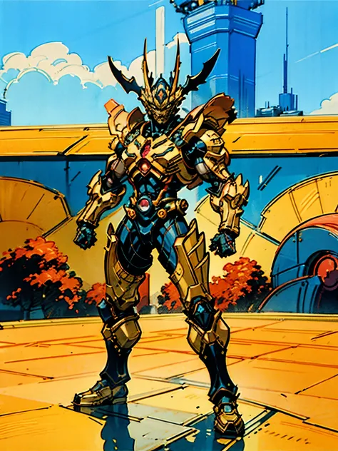 A superhero, a high-tech biotech battle suit, standing on a rooftop, looking over the city, Japanese tokusatsu and American comic style, biometallic texture of the suit, sleek and shiny, dynamic, metallic, sophisticated design, symmetrical face, extremely ...