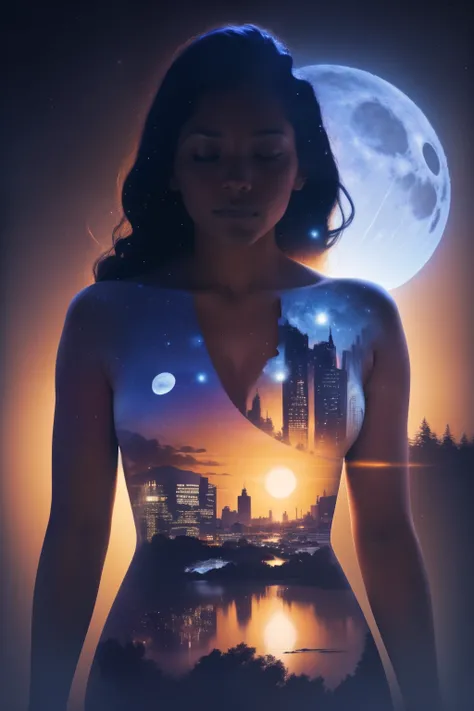 Photorealistic illustration of a Solo African American girl with dark skin ((a solo heart-shaped moon on her chest)), closed eyes, darken silhouette, heavenly city and starry night by Vincent Van Gogh, 
Bokeh, gradient black and blue color background, uhd,...