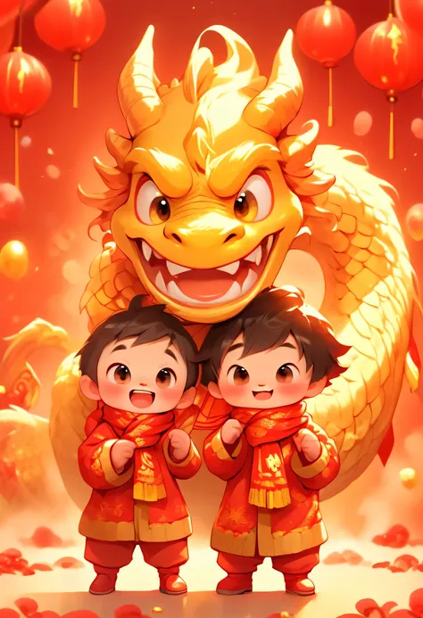 a cute humanized red chinese dragon baby and a chinese little boy, pure chinese red background pixar style, both of them were we...