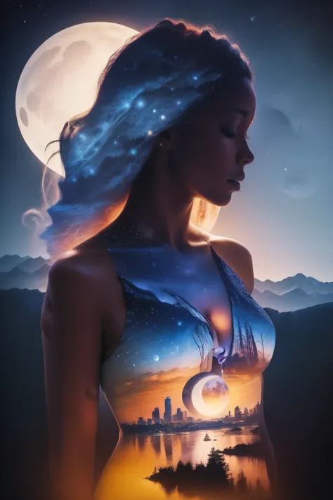 Photorealistic illustration of a Solo African American girl with dark skin ((a solo heart-shaped moon on her chest)), long black hair filled with galaxy stars, closed eyes, darken silhouette, heavenly city and starry night by Vincent Van Gogh, 
Bokeh, grad...