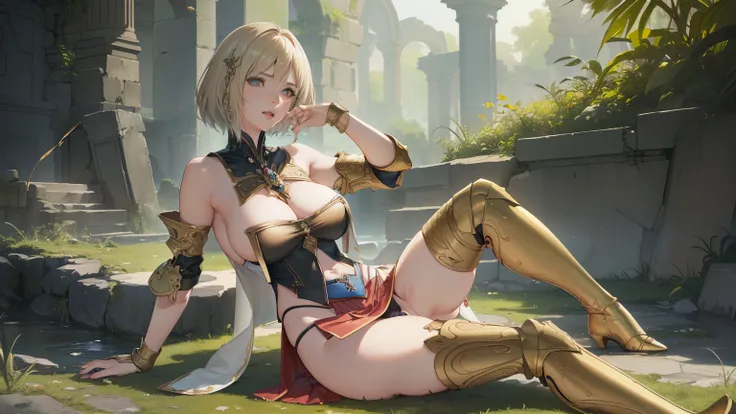 (golden ratio,muste piece, top quality, best quality, beautiful and aesthetic:1.2), very detailed, colorful,best details, (adult,19 years old,1 girl,  Final Fantasy 12,Ashelia, short hair, short hair,Asheliaコスチューム, huge boobs, mini skirt,thigh high boots, ...