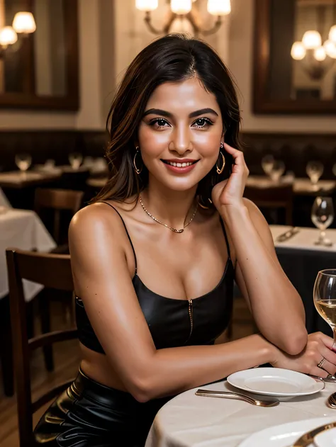 photorealistic photo of Irina Shaykh, perfect face, masterpiece,instaphoto,latina, photorealisic,8k, a gentle smile,black skirt,romantic dinner in a restaurant