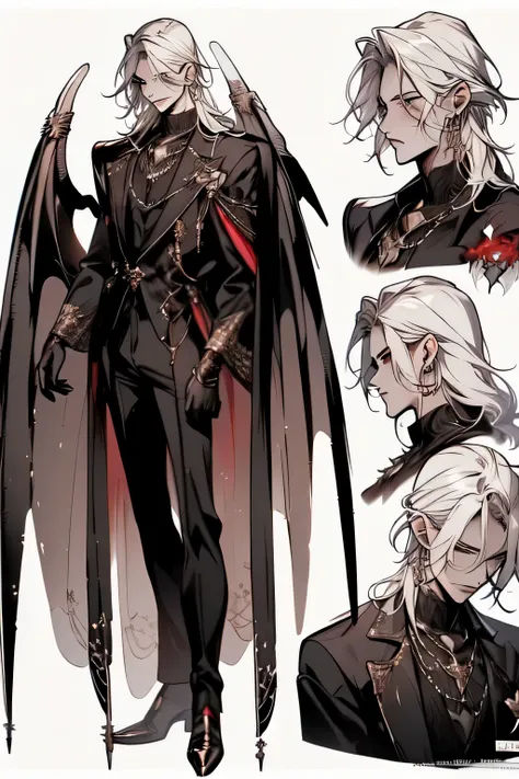 reference sheet, front view one side, full body, demon man, 18 years old, handsome man, vampire wings, long white hair, rock sty...