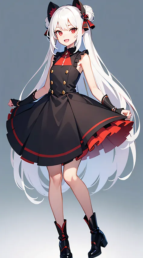 super detailed、whole body, upright, arm to the side, looking at the viewer, simple background, 1 girl, open your mouth, smile,red eyes、gray hair、Len、cook