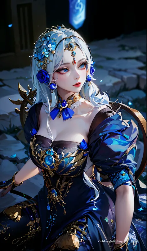 a close up of a woman in a blue dress with a blue flower, a beautiful fantasy empress, ((a beautiful fantasy empreseautiful and elegant elf queen, lunar themed attire, beautiful ancient frost witch, fantasy outfit, inspired by Leng Mei, beautiful celestial...