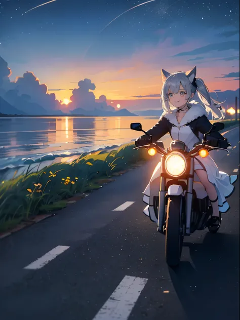 road by the sea,small and cute girl, fashionable witch, summer vacation, Neon color, motorcycle,(long silver twin tail)、master piece、high quality、Scenic spots、evening、starry sky、glowing effect、movie「cute smiling girl」、furry ears､8K、cool bike､ideal style