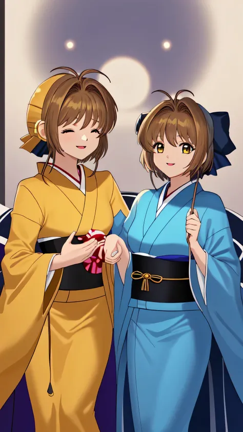 cardcaptor_sakura, 1girl, solo, japanese girl, Kimono, smiling, gretting with the hands,