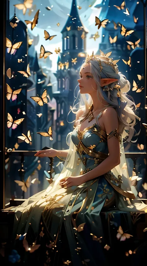 One wearing a blue dress，woman wearing blue flowers，A beautiful fantasy queen，（（A beautiful fantasy elegant elf queen，Moon themed clothing，Beautiful ancient frost witch，fantasy costumes，Inspired by Leng Mei，Beautiful Celestial Mage，Inspired by Lan Ying，por...