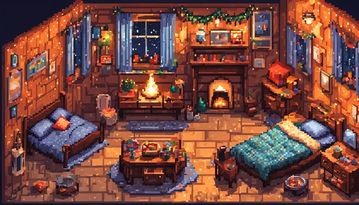 Generate a delightful Isometric Pixel New Year Cozy Bedroom illustration. Envision a pixelated, cozy bedroom adorned for New Year celebrations, crafted in detailed isometric perspective. Include pixel art representations of elements such as a festively dec...