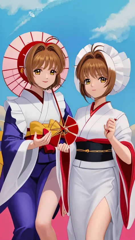 cardcaptor_sakura, 1girl, solo, japanese girl, Kimono, smiling, gretting with the hands,