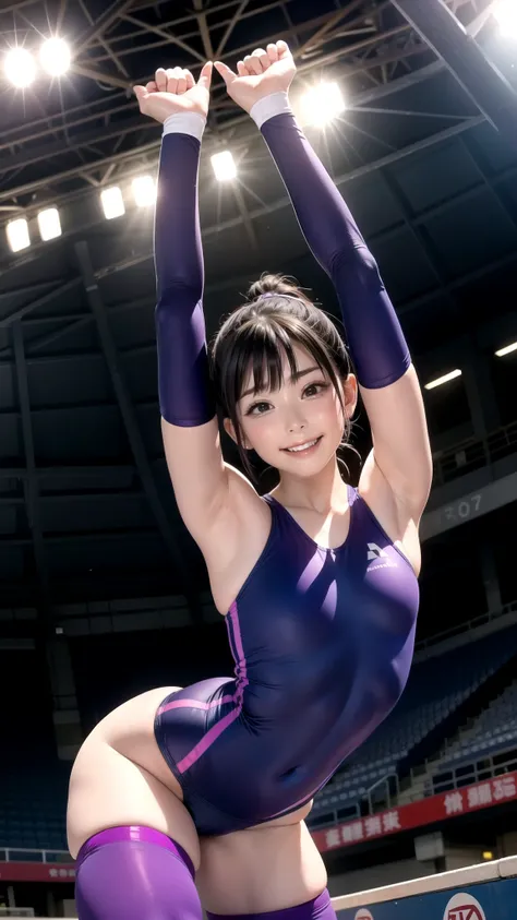 realistically、一名23岁of女孩、gymnast、increase、Wear purple tights、smile on face、sports venue、of？