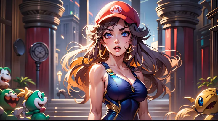 full body portrait of a photo realistic beautiful girl, 1 girl, facing forward, waifu, flowing hair, super mario bros. themed and labeled short modern clothing and a mario hat, big beautiful flirtateous open eyes, standing straight, cinematic lighting, sup...