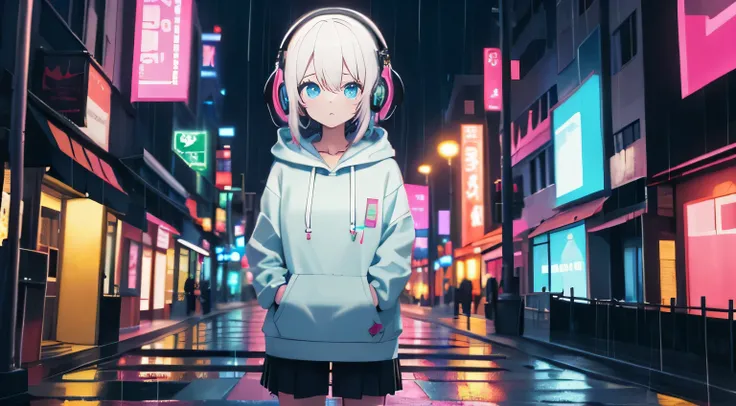 masterpiece, girl alone, solo, incredibly absurd, hoodie, headphones, street, outdoor, rain, neon,