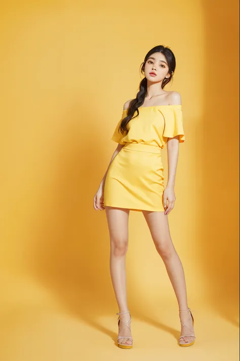 1girl,random outfit, yellow background background,((very beautiful girl)), , ((long eyelashes)), half body, ((full body)), posing