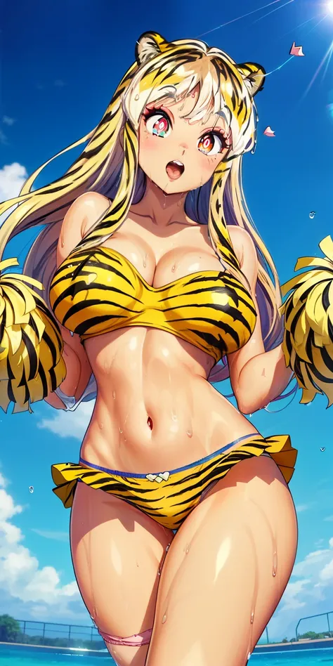 ram invader, detailed breasts,open your mouth wide and stick out your tongue、Drool、 anime dick, (tiger print cheerleader: 1.2), （white panties:1.4）,muste piece, best quality, open mouth, tooth, ultra-detailed breasts, Yellow eyes, cute eyes, detailed face,...