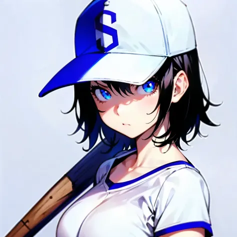 1girl, short messy black hair, blue eyes, medium breast, white baseball shirt, white baseball cap, serious, holding a baseball bat, solo, best quality, masterpiece, portrait, simple background, looking at the camera, from the front, detailed, perfect anato...