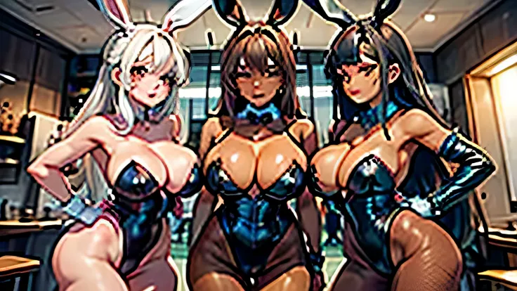 brown skin,Bunny girl,Fishnet tights,big breasts,three white eyes,two girls,nipple