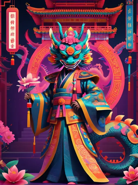 cyber punk perssonage，cyber punk perssonage风格新年，a happy new year，Neon light，Create graphic style illustrations using symbolic planes and flat color blocks. Two super cute Chinese dragons are depicted against the background of a Chinese opera stage and trad...