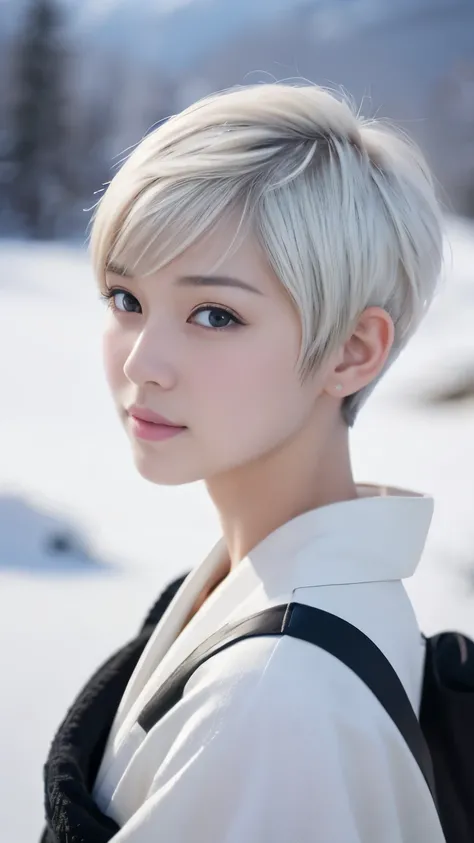 ((Best-quality, Masterpiece, Ultra-High-Resolution, (Photorealistic:1.4), Raw-Photo, Extremely-Details, Perfect-Anatomy)), 1girls, 18-years-old, the most popular Japanese-idol, standing at snowy mountain, innocent smile, (((((extremely cute face like a mos...