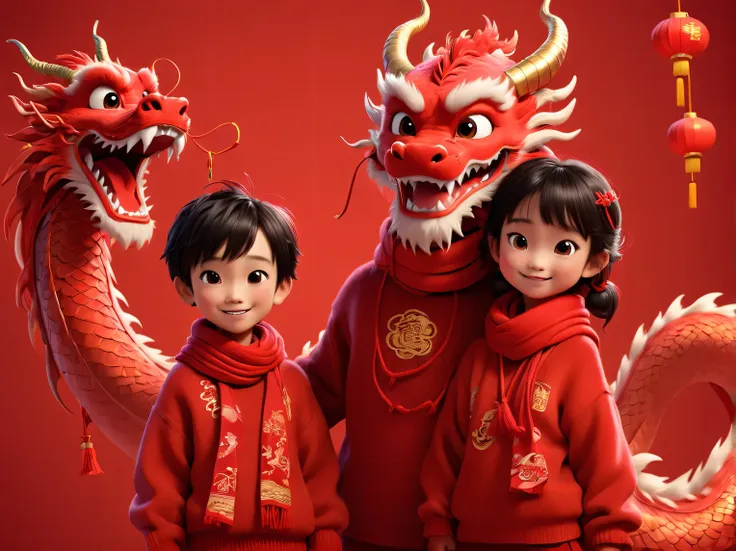 a cute humanized red and big chinese dragon and a little chineseboyand girl, pixar style, both wearing human red sweaters with a...