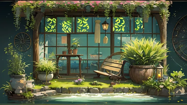 (micro landscape:1.5),(best quality), ((masterpiece)), (high resolution), illustration, The original, Very detailed wallpaper, 没have人类, window, landscape, plant, water, potted plant, outDoors, architecture, Door, house, flower pot, sky, lily pad, Chair, fl...