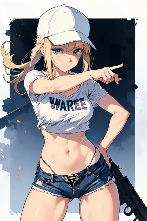 Close-up of a woman wearing a white T-shirt and micro denim skirt and holding a gun, blonde long hair, baseball cap, small details. female action girl, full body portfolio, in an urban combat zone, gun action, big ass, pants line, ((Panties that dig into t...