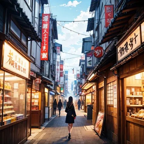 Sunny, nice weather. modern Japanese cityscape, Japanese restaurant. highest quality. There&#39;s a girl in front of me. anime. anime style. praise. dramatic weather. wide field of view, wide angle. next to the street. modern village, anime background, ani...