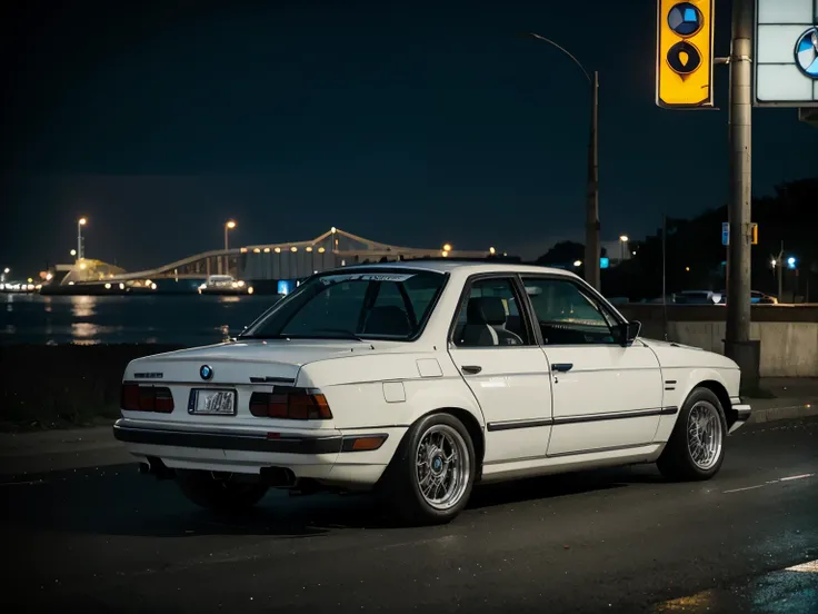 White car, old bmw car, very low shock car, jdm car, no one, beach and city background, night time, neon light from city, high details, 8k