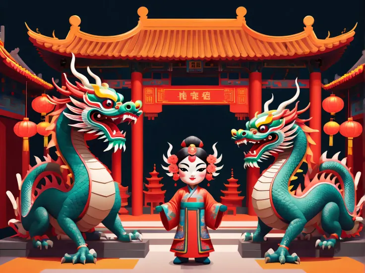 Cyberpunk era style New Year, Happy New Year, neon lights, using symbol planes and flat color blocks to create graphic style illustrations. Two super cute Chinese dragons are depicted against the backdrop of Chinese opera stages and traditional Chinese arc...