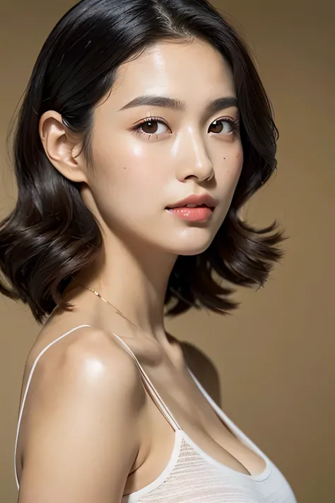 a young asian girl, short curly black hair, wearing white tube top, hands up, vibrant eyes, looking back over shoulder, smooth, flawless skin, glowing complexion, silky touch, even texture, blemish-free, radiant appearance, youthful look, soft and supple s...