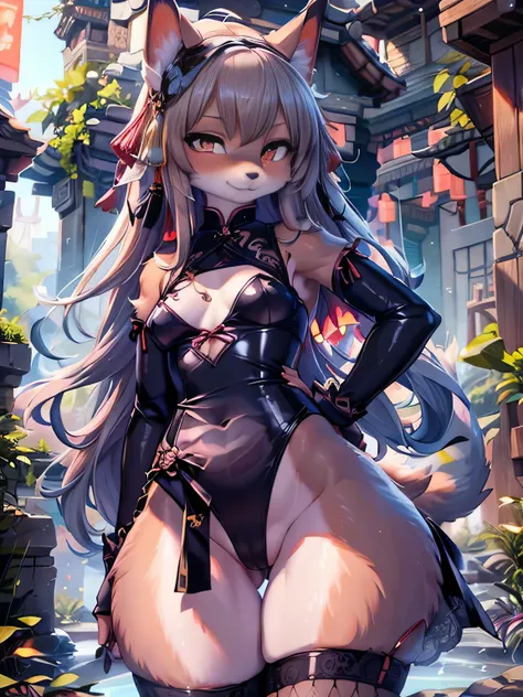 holo is a wolf girl, dress, furry brown body!!, holo if a wolf girl!!!, furry, fox tail, swimsuit, furry art!!!, small curvy loli, Camel toe is very obvious, The nipple contour is pronounced, small breast, fishnet stockings wrap the thighs, absurdly long h...