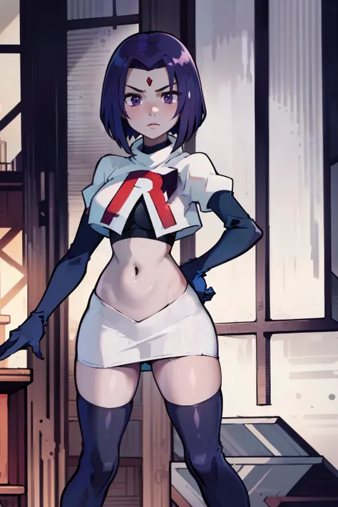 (masterpiece, best quality, ultra-detailed), raventt, short hair, purple eyes, (grey skin),team rocket,team rocket uniform, red ...